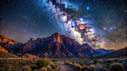Obraz premium Milky Way over Red Rock Canyon at Night with Long Exposure , Dark Sky, Starry Night