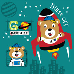 Cartoon bear astronaut blasting off in red rocket surrounded by stars and planets in playful children’s space illustration. Astronomy and imagination concept
