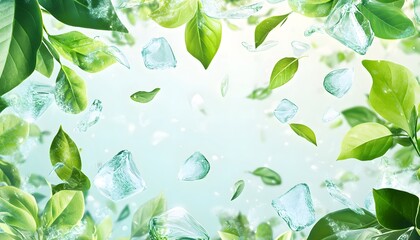 Fresh green leaves and ice cubes in a light pastel background.