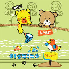 Obraz premium Cartoon cat catching colorful fish in river using net while bear and bird observe in cheerful outdoor kids scene. Nature and learning concept 