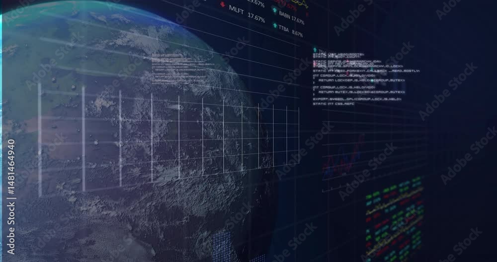 Poster earth globe rotating in interface, code blocks scrolling, stock tickers flashing and charts rising