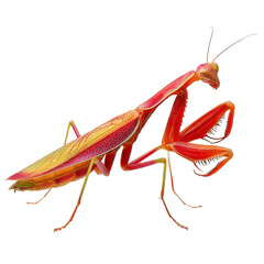 A vibrant red and yellow mantis displaying intricate details. transparent background