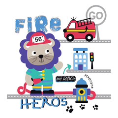 Cartoon lion dressed as firefighter holding hose near hydrant and fire truck with fire heros text in fun emergency city rescue scene. Occupation illustration concept

