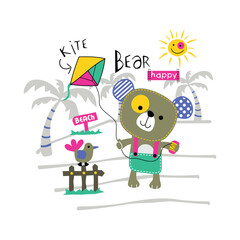 Cartoon bear flying colorful kite near palm trees and bird with happy beach text and sunshine in cheerful outdoor summer setting. Recreation illustration concept
