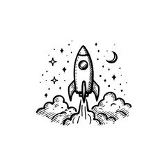 Hand-drawn monochrome illustration featuring a rocket launching into space with clouds