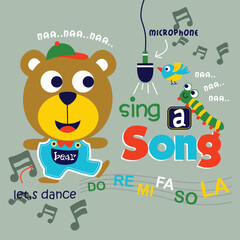 Cartoon bear singing into microphone with bird and caterpillar surrounded by musical notes and sing a song text in fun educational music scene. Music illustration concept
