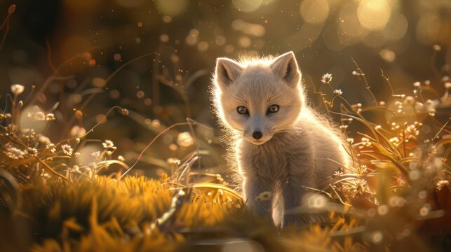 Adorable white fox cub in golden sunlight