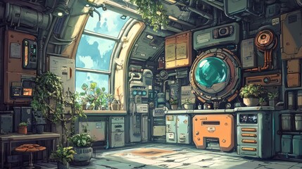 Futuristic, plant-filled laboratory interior