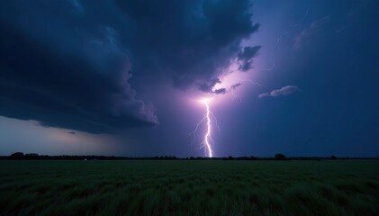 Dramatic lightning strike illuminates a dark stormy sky over a landscape , scenery, open space, dramatic