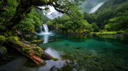 Obraz premium A beautiful forest scene with a cascading waterfall and a pond