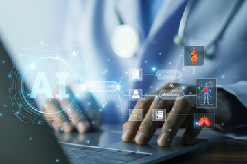 Doctor leveraging AI automation for smart health monitoring and predictive analytics to improve patient outcomes and reduce medical errors