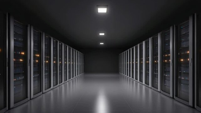 Dark server room hallway with racks.