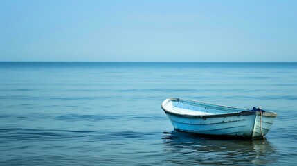 Fototapeta premium Small White Wooden Boat Floating Gently On Calm Blue Water Under Clear Sky
