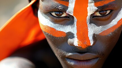 A close up of a person with tribal face paint