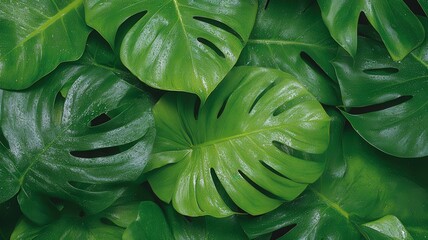 Fototapeta premium Dense Overlapping Pattern of Green Tropical Monstera Leaves with Glitter