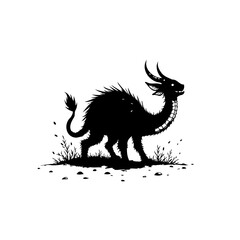Fototapeta premium Fantastical creature in silhouette, amidst wild grass and scattered pebbles