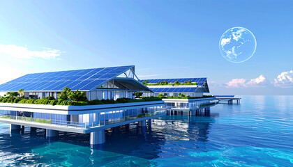 Futuristic Floating Eco City over Ocean &ndash; 3D Environmental Concept