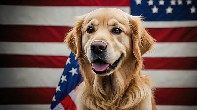Golden retriever portrait in front of an american flag, patriotic and proud, dog is looking forward