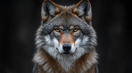 Obraz premium Wolf portrait, intense stare, dark forest background, wildlife image