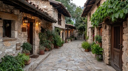 Fototapeta premium Picturesque stone buildings line a cobbled street in a quiet village