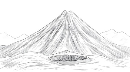 Monochrome sketch of a majestic volcano and surrounding landscape.