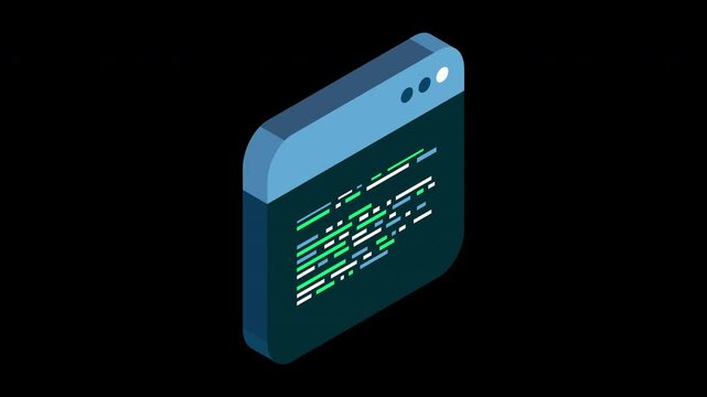 Source code isometric animation. Abstract programming language and program code on a screen. Motion graphic. Transparent background with alpha channel