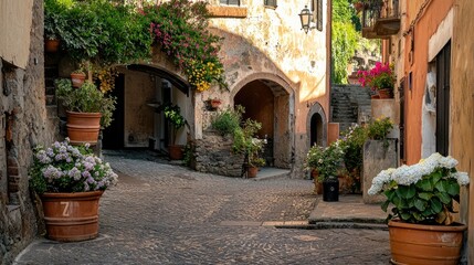 Fototapeta premium A charming cobblestone alleyway filled with flowers and plants