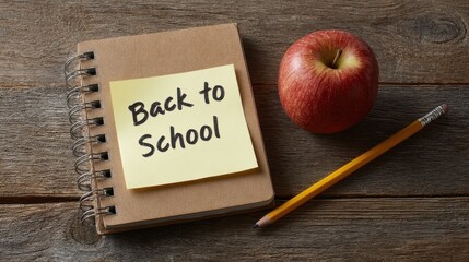 A collection of classic back to school items including a notebook pencil and red apple arranged on a weathered wooden surface