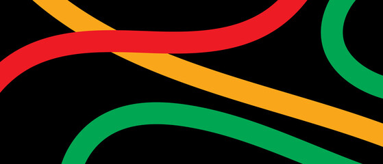 Red, orange and green curved stripes on black background. Colorful wavy lines and dark backdrop
