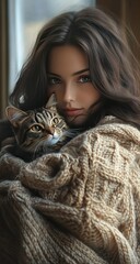 Woman cuddling tabby cat indoors.