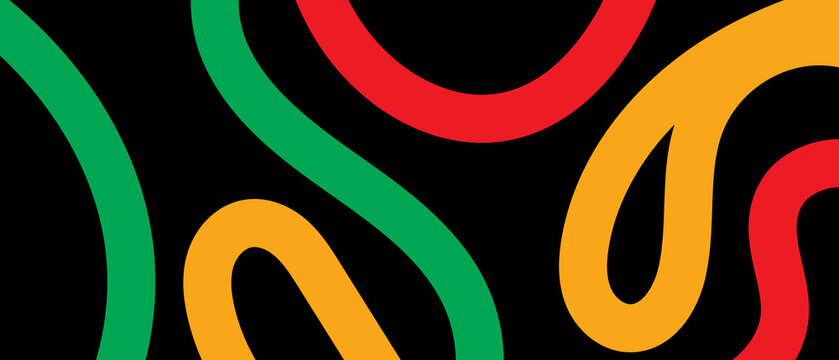 Red, orange and green curved stripes on black background. Colorful wavy lines and dark backdrop