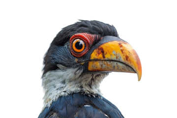 A striking bird with intense orange eyes and a large, weathered yellow beak, isolated on a transparent background