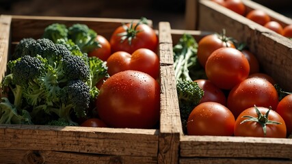 Freshly harvested tomatoes and broccoli, vibrant and ready to eat. Farm-fresh goodness in wooden crates under the sun.