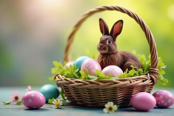 Colorful Easter eggs and chocolate bunnies nestled in a spring basket , gift, candy, green