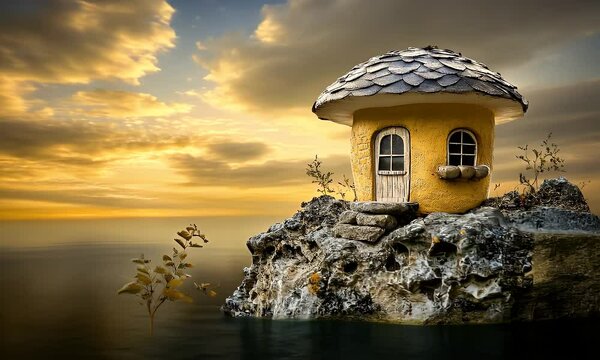Cute mushroom-shaped fantasy house on rock island  
