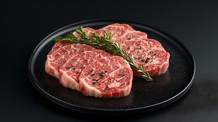 Fresh Marbled Beef Steak with Rosemary on Black Plate - Gourmet Cooking Ingredient