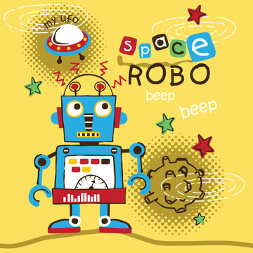 Cartoon space robot with control panel, gears, stars, and flying UFO on yellow background with robo beep text in playful futuristic scene. Technology illustration concept

