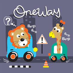 Cartoon lion and giraffe driving toy cars on city street with one way sign, traffic cone, and beep text in fun transportation learning scene. Education illustration concept
