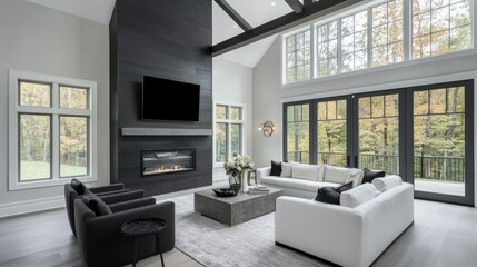 A modern interior living room with large windows and a fireplace