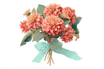 Obraz premium Vintage bouquet of peachy-toned flowers with teal ribbon.