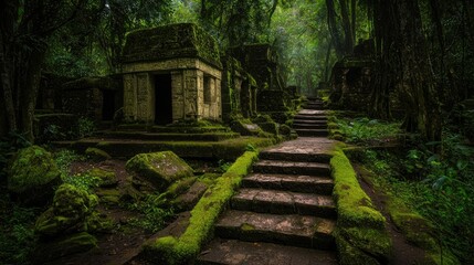 Ancient stone ruins surrounded by lush green vegetation in a forest