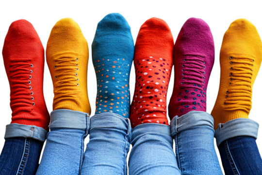 Six colorful sock-covered feet in jeans raised together, showcasing playful patterns and textures, isolated on a transparent background