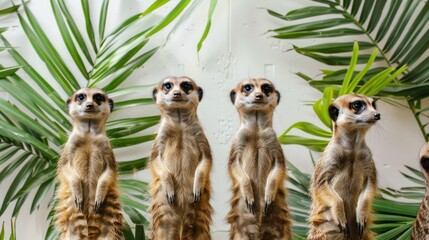 Four meerkats standing upright, in a row, against a backdrop of palm fronds.  Their faces are alert and attentive