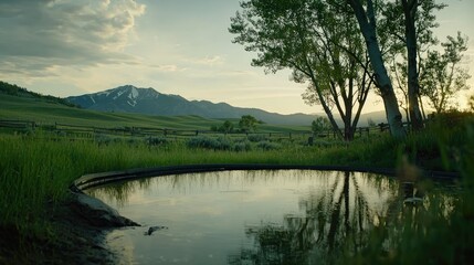 Obraz premium The tranquil countryside scene showcases mountains and a serene reflective pond