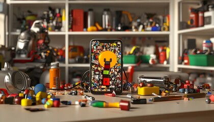 A smartphone surrounded by colorful toys and tools.