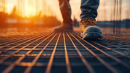 Construction worker on a job site at sunset gigapixel perspective industrial environment cinematic view