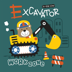 Cartoon bear operating excavator in city work zone with traffic barrier and cone under excavator title in fun construction setting. Kids illustration concept
