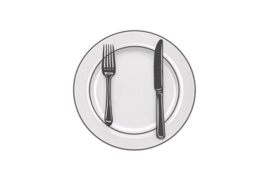White plate with centered knife and fork in vertical position, classic dinner setup illustration, isolated on a transparent background