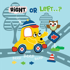 Cartoon yellow car choosing direction at road intersection with owl, traffic signs, and beep beep text in colorful and educational driving theme. Kids illustration concept
