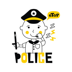 Cartoon child in police uniform holding baton with stop bubble and playful law enforcement design. Kids illustration concept
